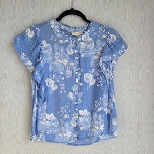 Laura Ashley Womens L Top Linen Blend Short Sleeve Pastel Blue Lace Delicate